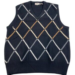 Jaymar Sport Mens Sweater Vest L Lambswool Argyle V-Neck Black Knit Classic